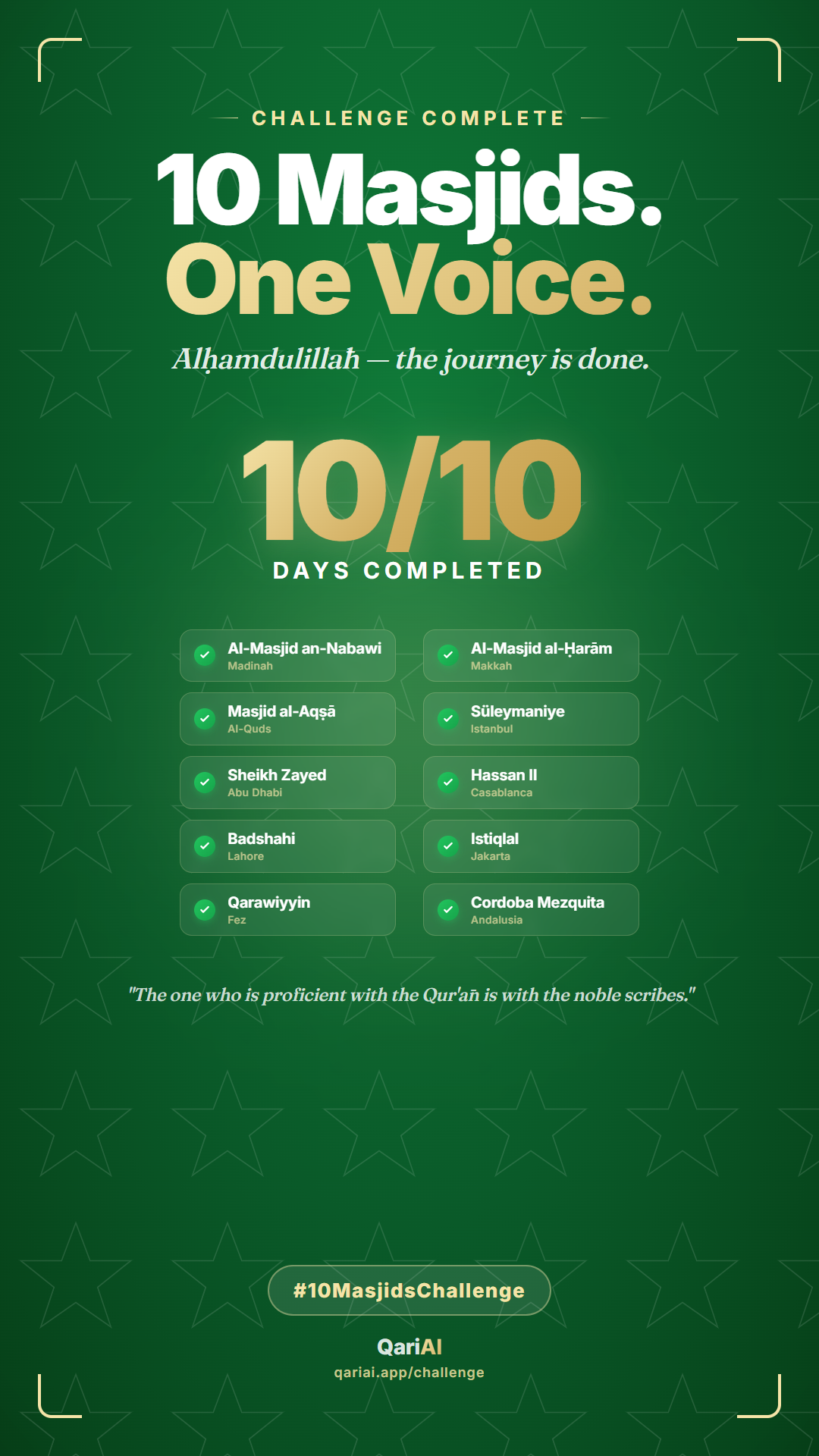QariAI 10 Masjids Challenge — Day 10 completion card preview