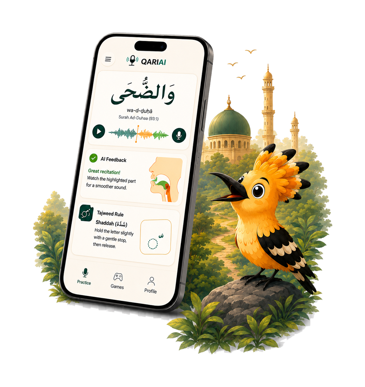QariAI mobile app showing Quran recitation feedback beside the HudHud learning guide